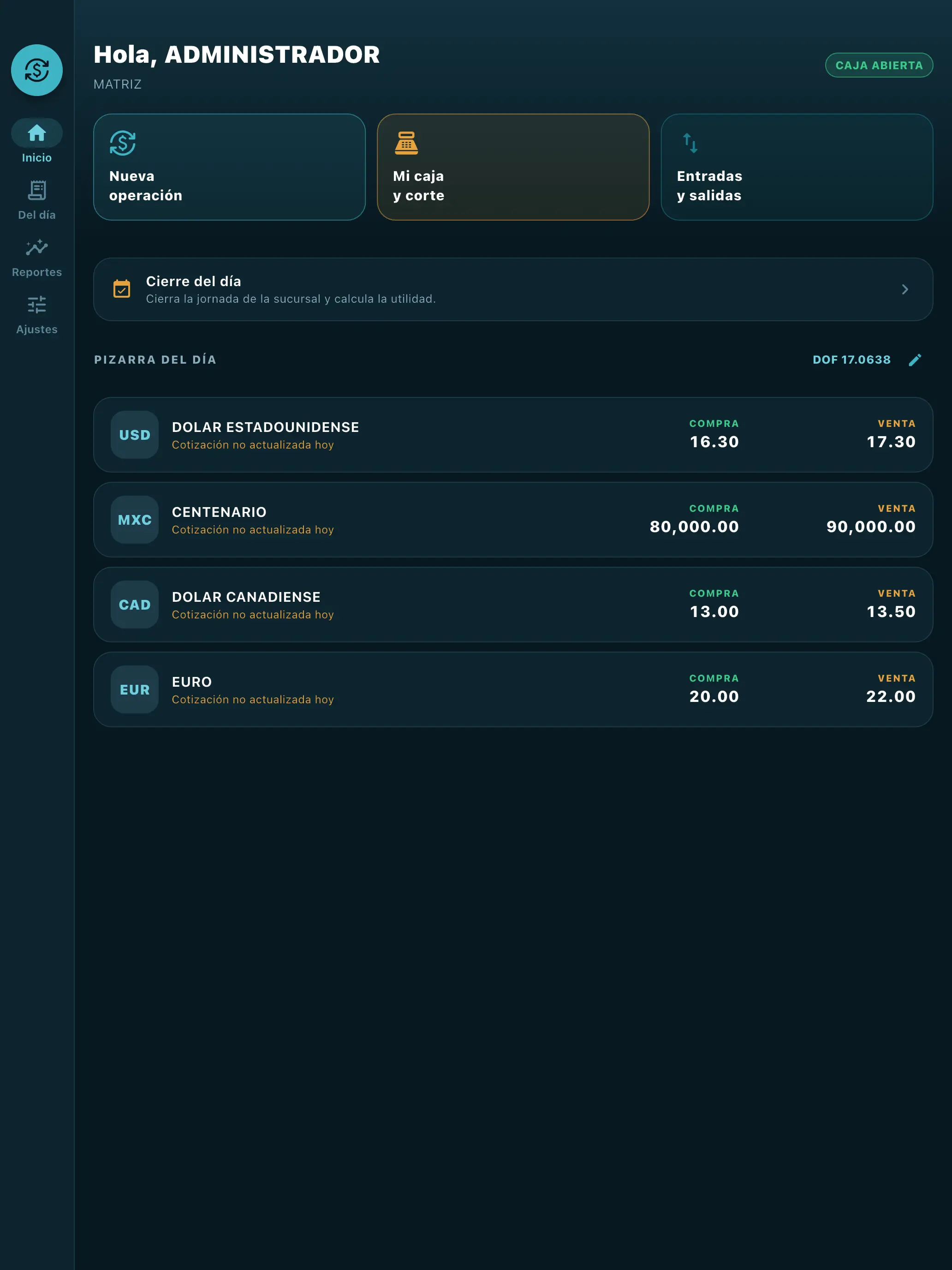 Cambisoft Ventanilla en tablet — Tu día, al abrir la app