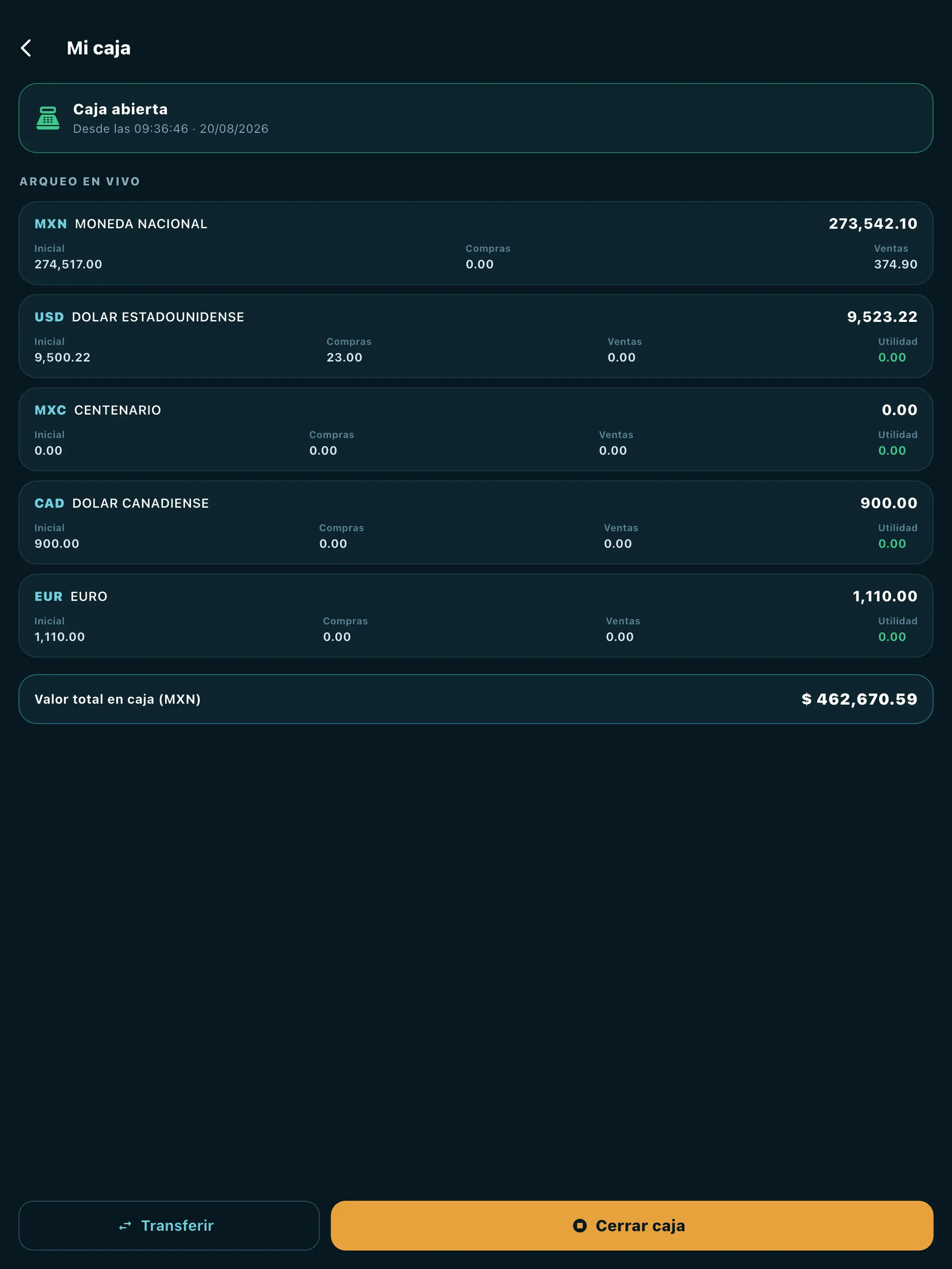 Cambisoft Ventanilla en tablet — Arqueo en vivo de tu caja