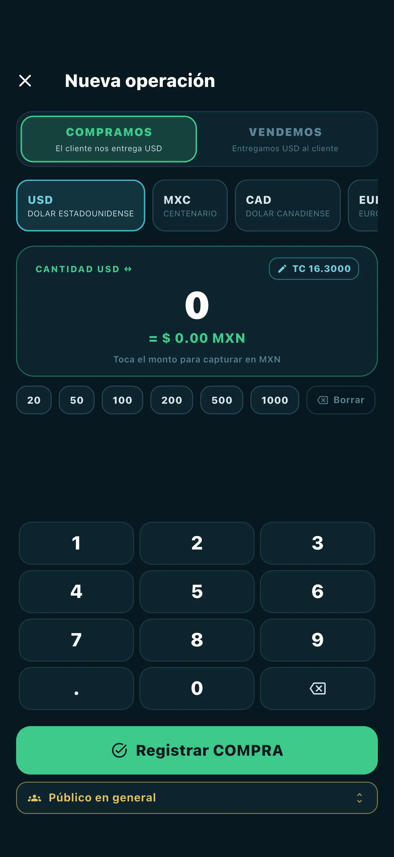 Cambisoft Ventanilla en teléfono — registrando una compra